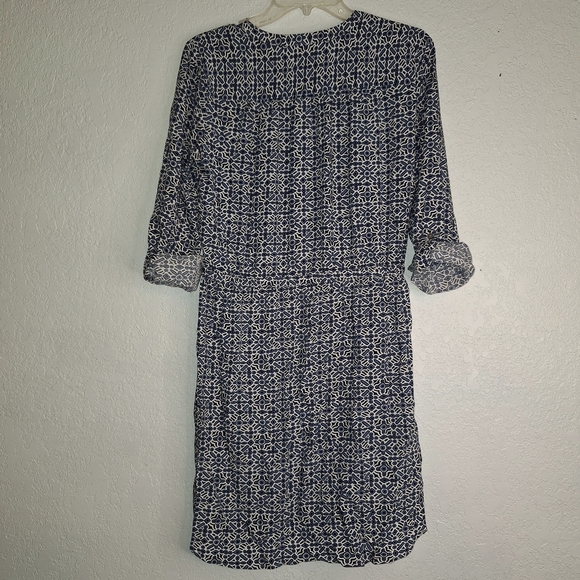 Loft blue geometric sundress Cinch waist long sleeve swing dress Medium - Picture 2 of 13